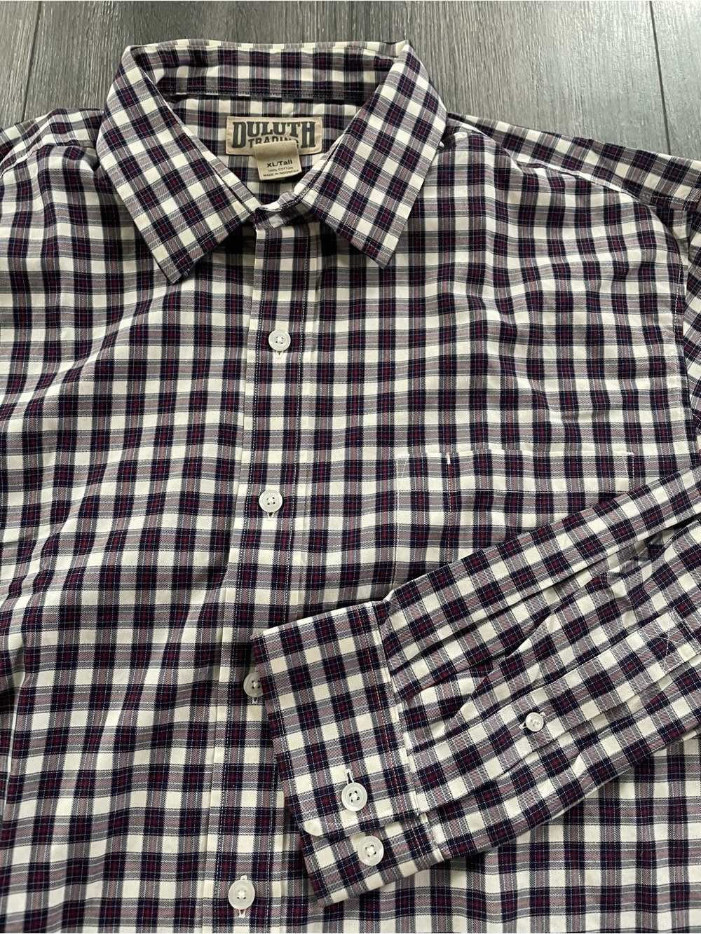 Duluth Trading Plaid shirt XL Tall Blue White Red Button Up L/S Cotton Men’s